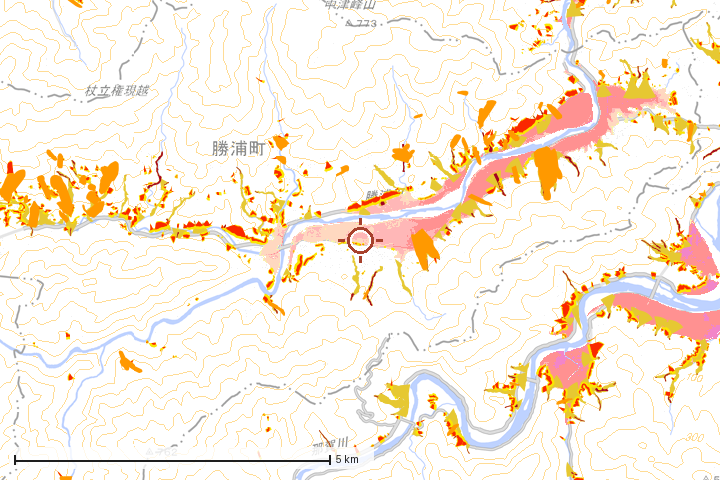 勝浦町周辺のハザード重ね図