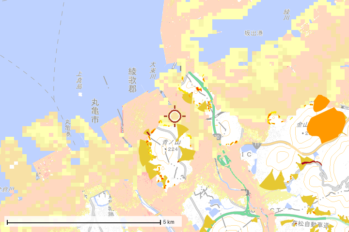 宇多津町周辺のハザード重ね図