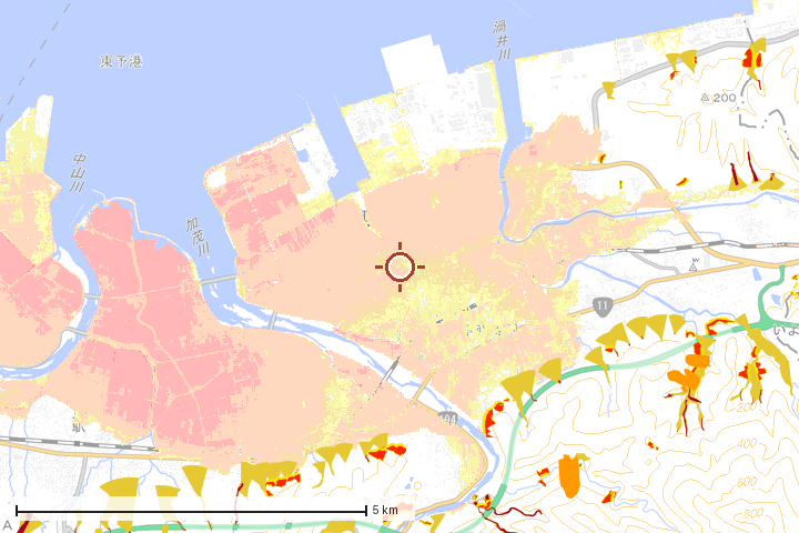 西条市周辺のハザード重ね図