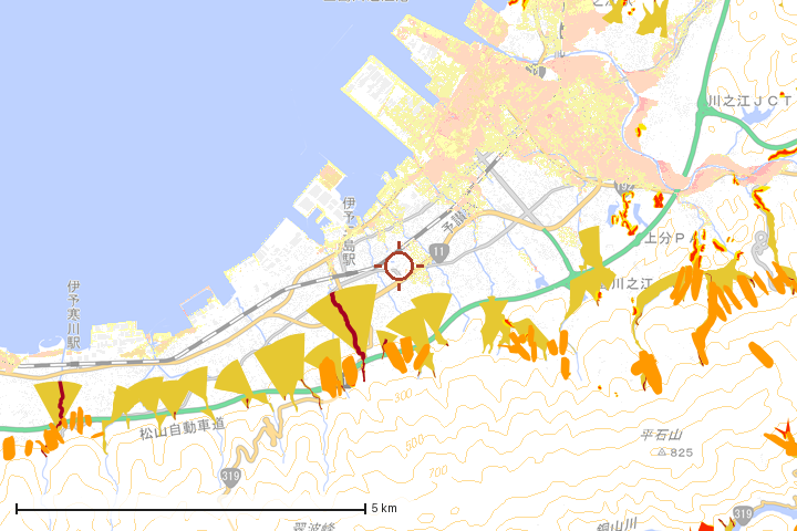 四国中央市周辺のハザード重ね図