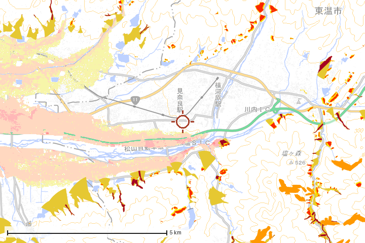 東温市周辺のハザード重ね図