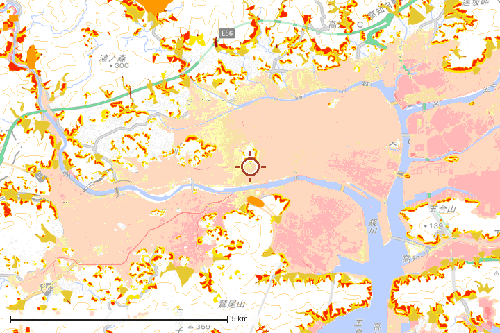 高知市周辺のハザード重ね図
