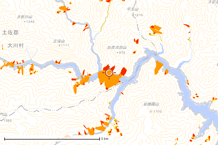 大川村周辺のハザード重ね図
