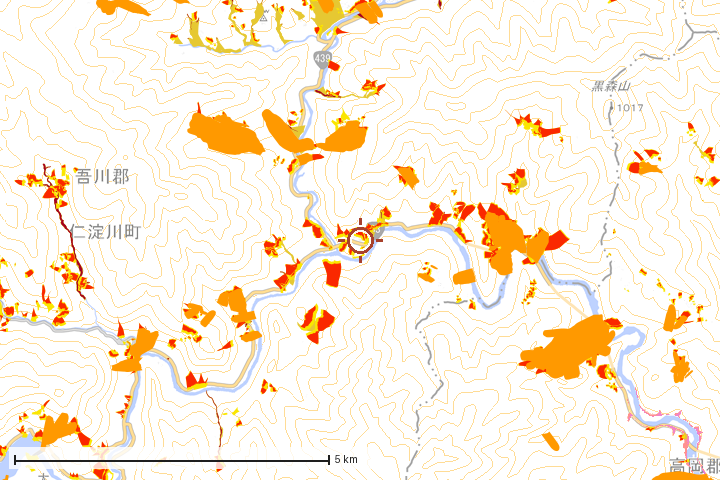 仁淀川町周辺のハザード重ね図