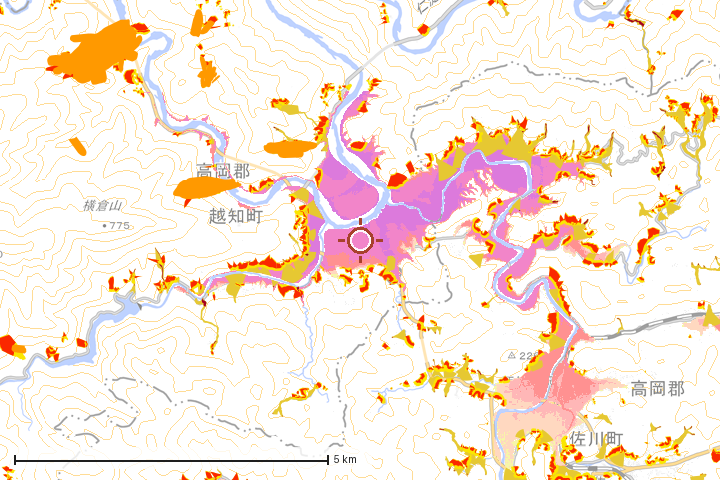 越知町周辺のハザード重ね図