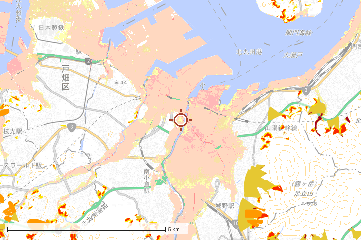北九州市周辺のハザード重ね図