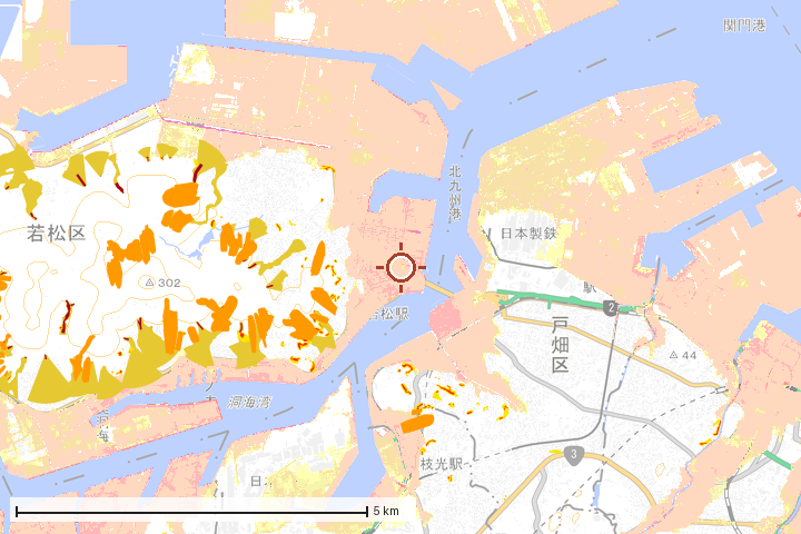 北九州市若松区周辺のハザード重ね図