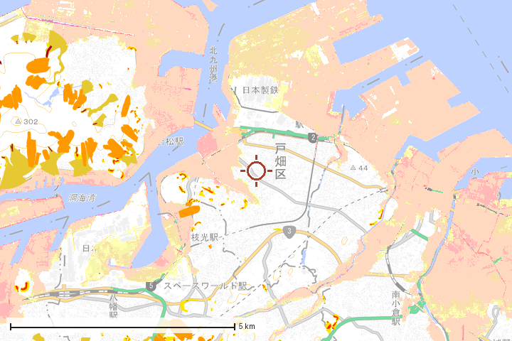 北九州市戸畑区周辺のハザード重ね図