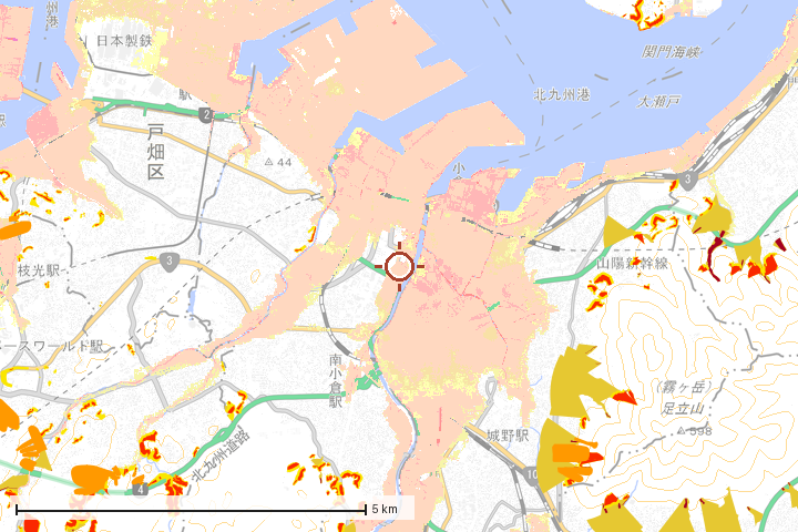 北九州市小倉北区周辺のハザード重ね図