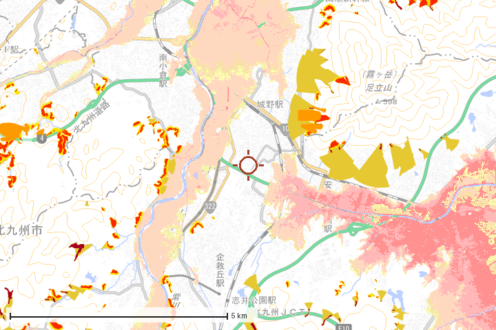 北九州市小倉南区周辺のハザード重ね図