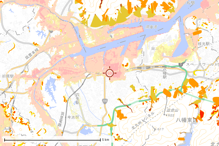 北九州市八幡西区周辺のハザード重ね図