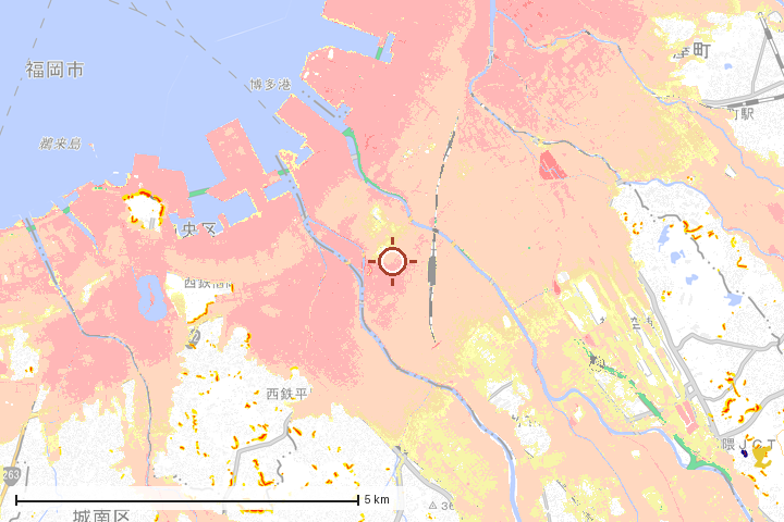福岡市博多区周辺のハザード重ね図