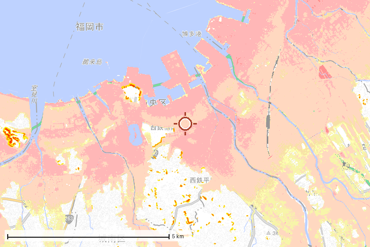 福岡市中央区周辺のハザード重ね図