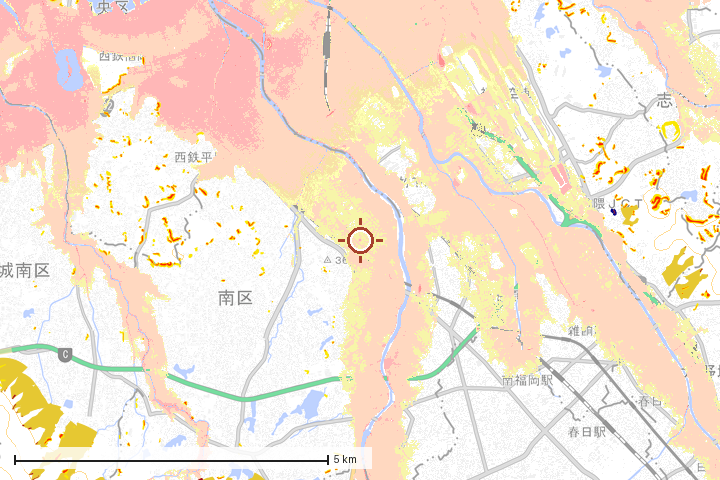 福岡市南区周辺のハザード重ね図