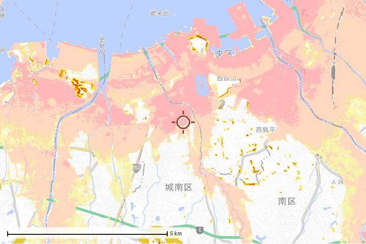 福岡市城南区周辺のハザード重ね図