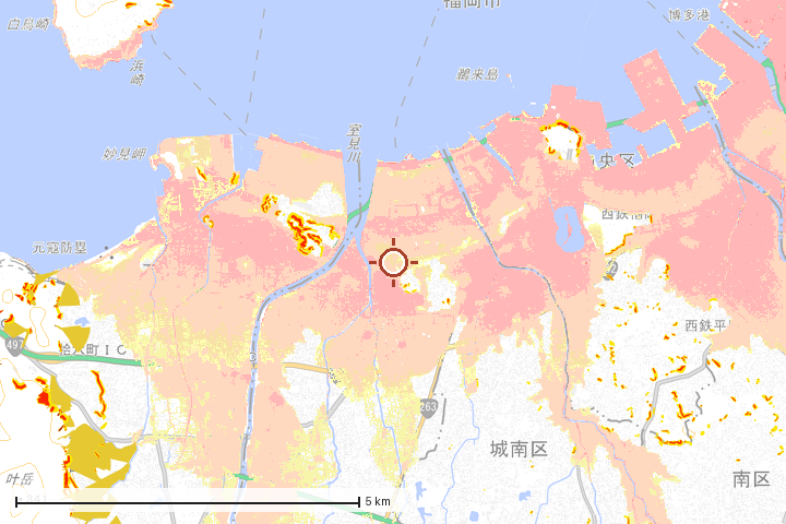 福岡市早良区周辺のハザード重ね図