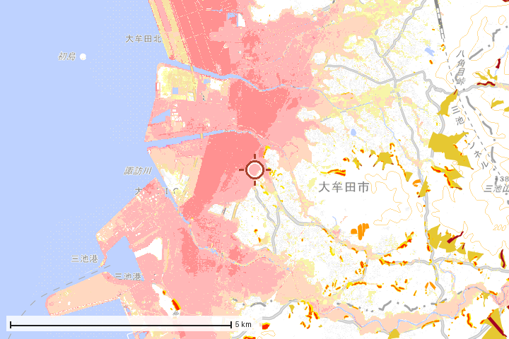 大牟田市周辺のハザード重ね図