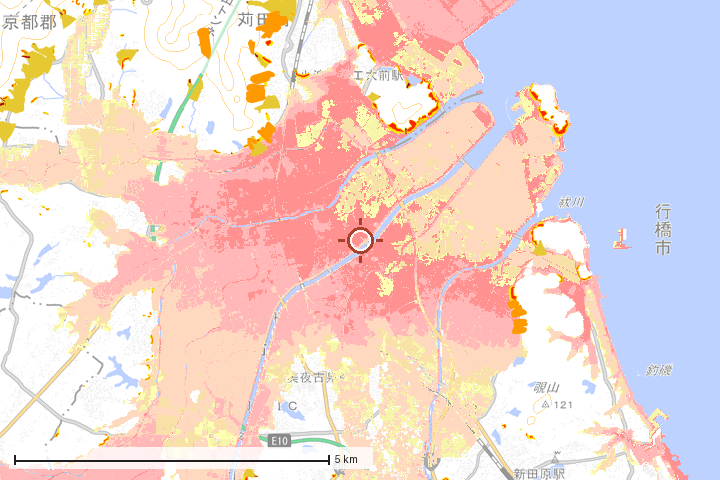 行橋市周辺のハザード重ね図