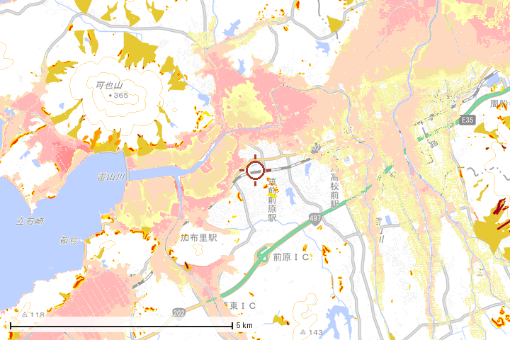 糸島市周辺のハザード重ね図