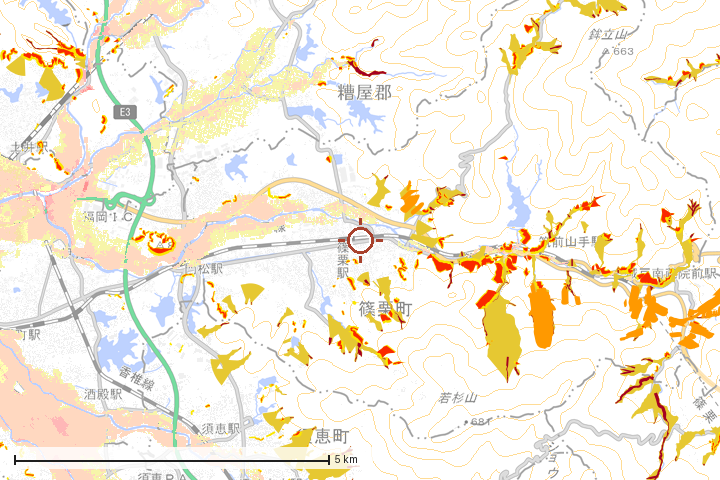 篠栗町周辺のハザード重ね図
