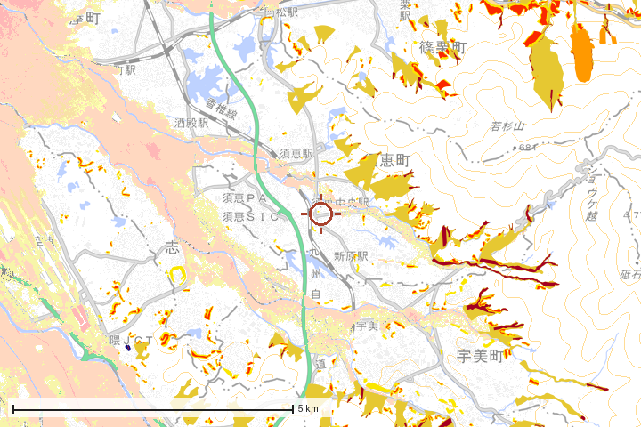 須恵町周辺のハザード重ね図