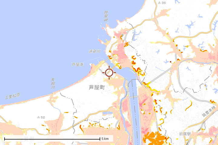 芦屋町周辺のハザード重ね図