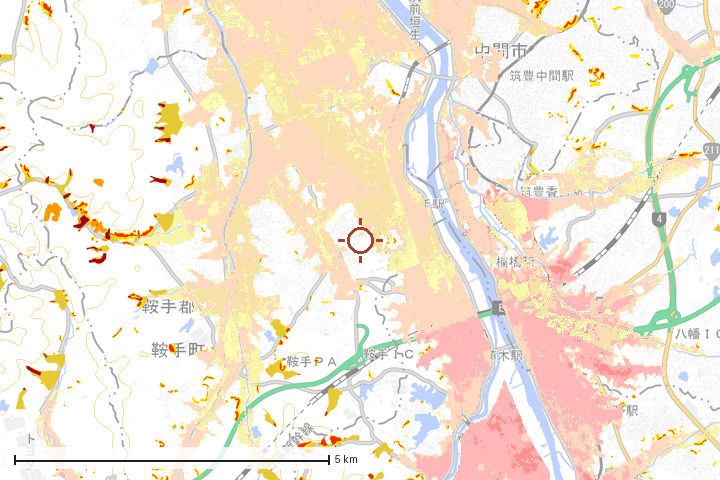 鞍手町周辺のハザード重ね図