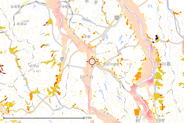 川崎町周辺のハザード重ね図