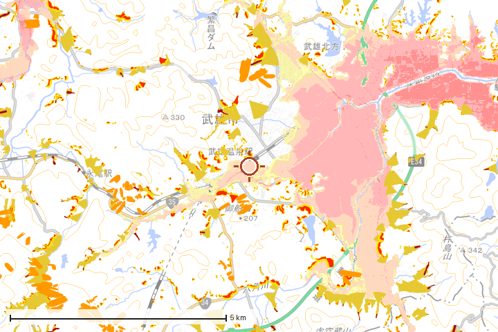 武雄市周辺のハザード重ね図
