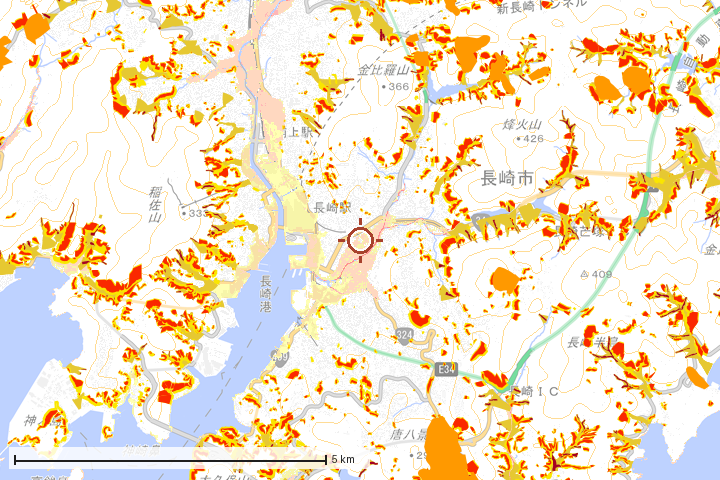 長崎市周辺のハザード重ね図