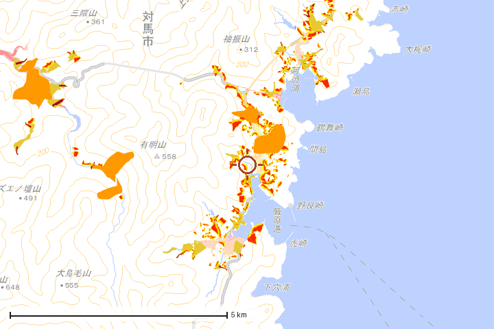 対馬市周辺のハザード重ね図