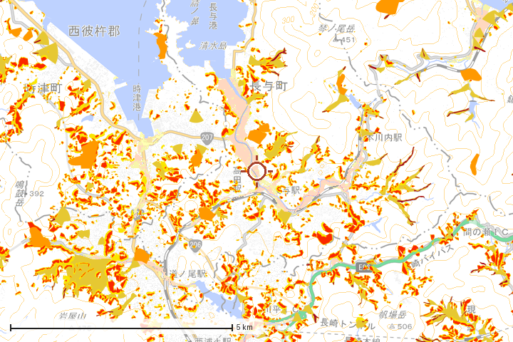 長与町周辺のハザード重ね図