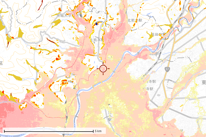 熊本市中央区周辺のハザード重ね図