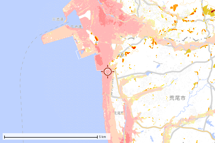 荒尾市周辺のハザード重ね図
