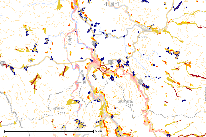 小国町周辺のハザード重ね図