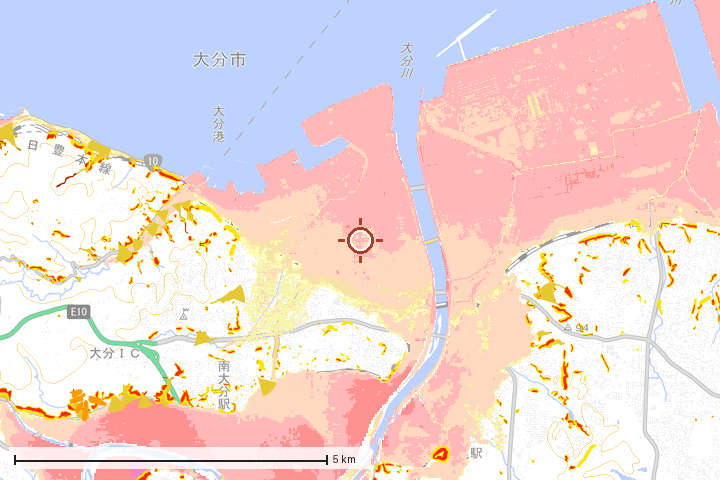 大分市周辺のハザード重ね図