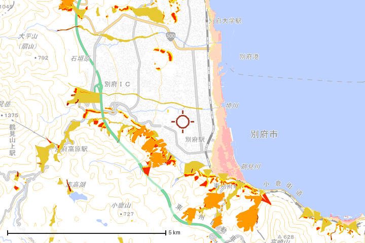 別府市周辺のハザード重ね図