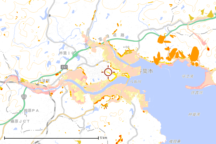 杵築市周辺のハザード重ね図