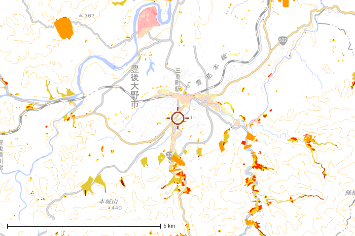 豊後大野市周辺のハザード重ね図