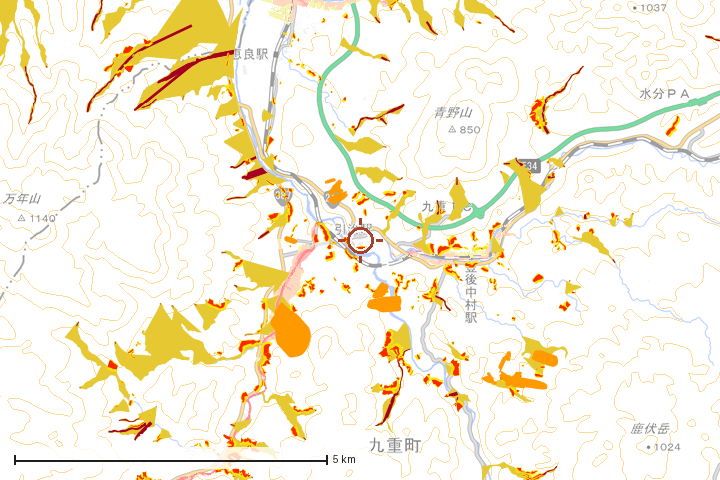 九重町周辺のハザード重ね図