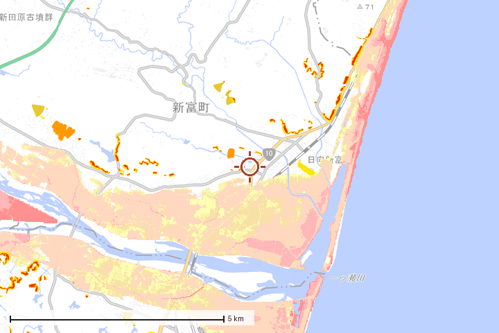 新富町周辺のハザード重ね図