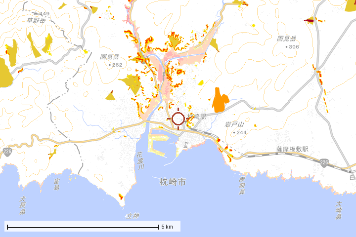 枕崎市周辺のハザード重ね図