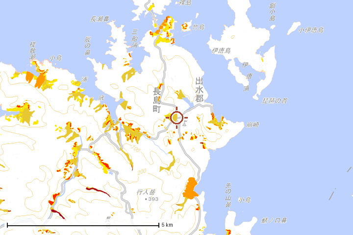長島町周辺のハザード重ね図