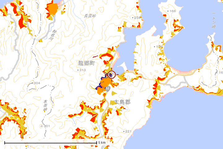龍郷町周辺のハザード重ね図