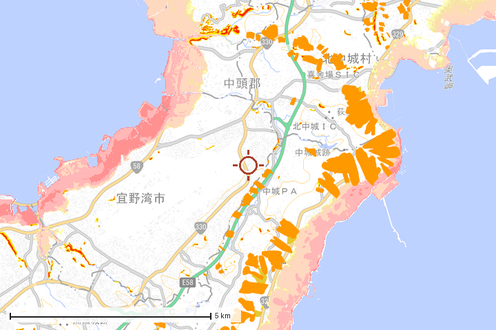 宜野湾市周辺のハザード重ね図