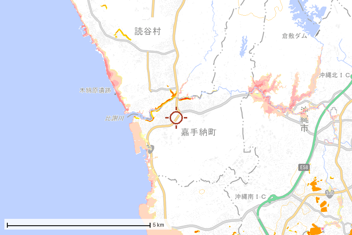 嘉手納町周辺のハザード重ね図