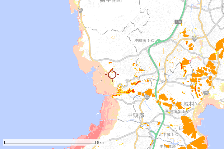 北谷町周辺のハザード重ね図