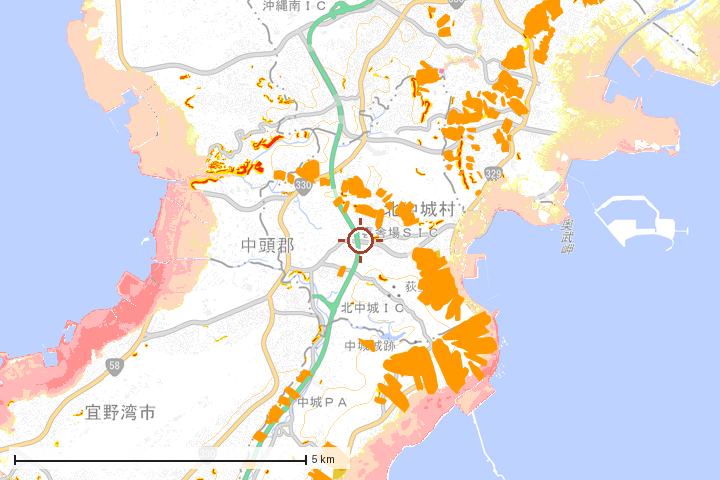 北中城村周辺のハザード重ね図