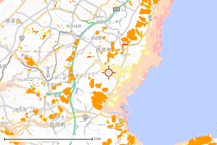 西原町周辺のハザード重ね図