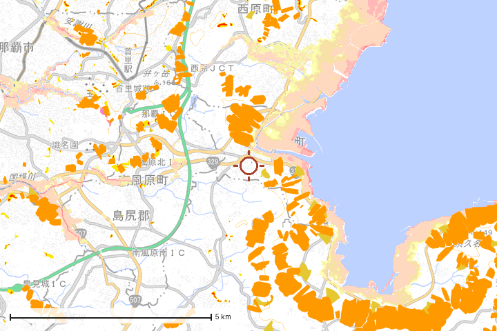 与那原町周辺のハザード重ね図